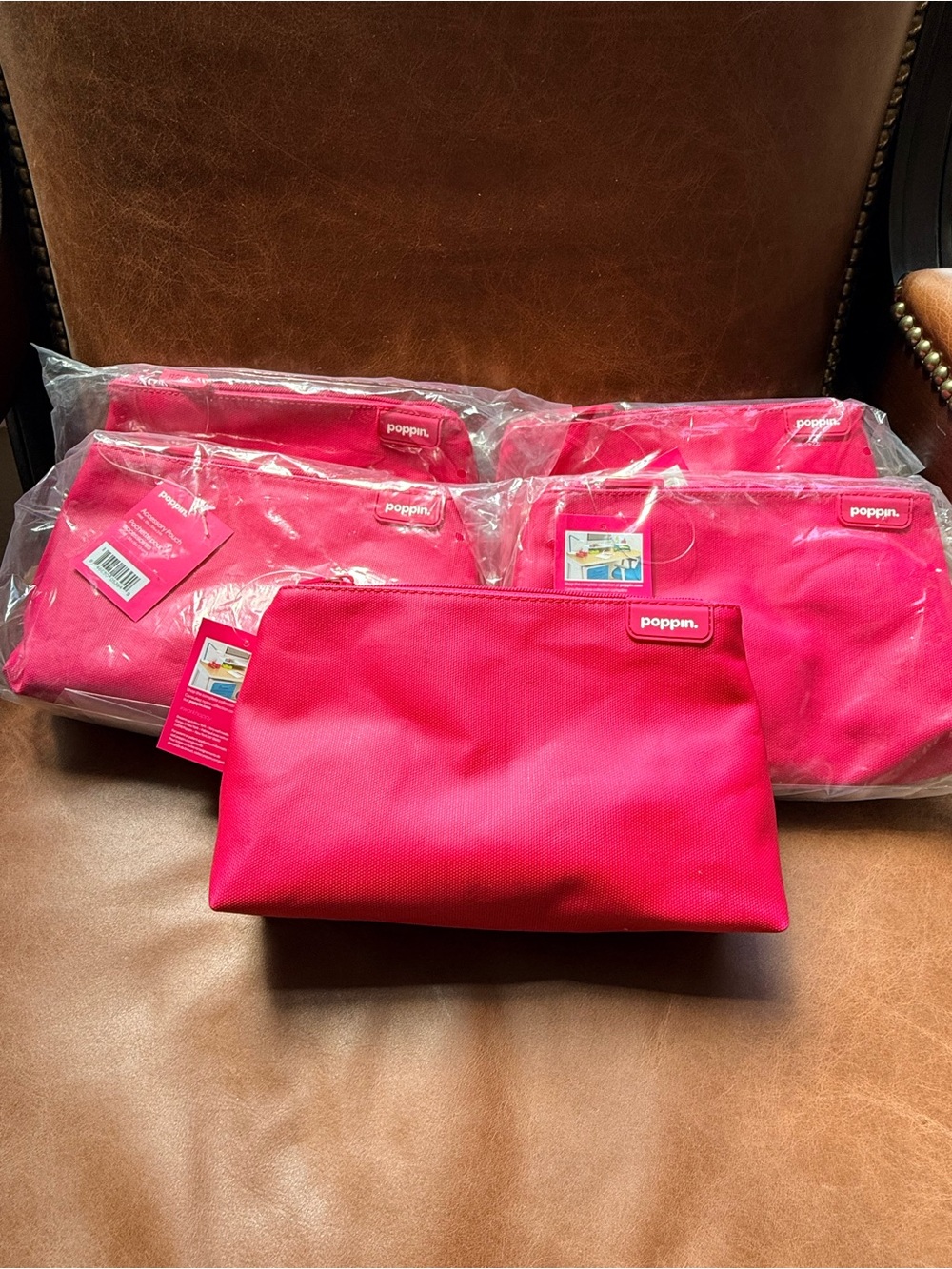 poppin. Hot Pink Cosmetic Bags - Durable Zip Pouch - Set of 5